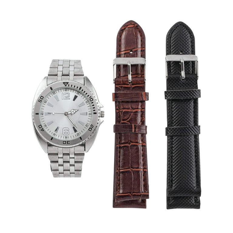 Men s Interchangeable Watch Set 2 Interchangable Bands PVC Buckle Strap Silvertone Watch Case Fold Over Clasp Mens Watches and Fashion