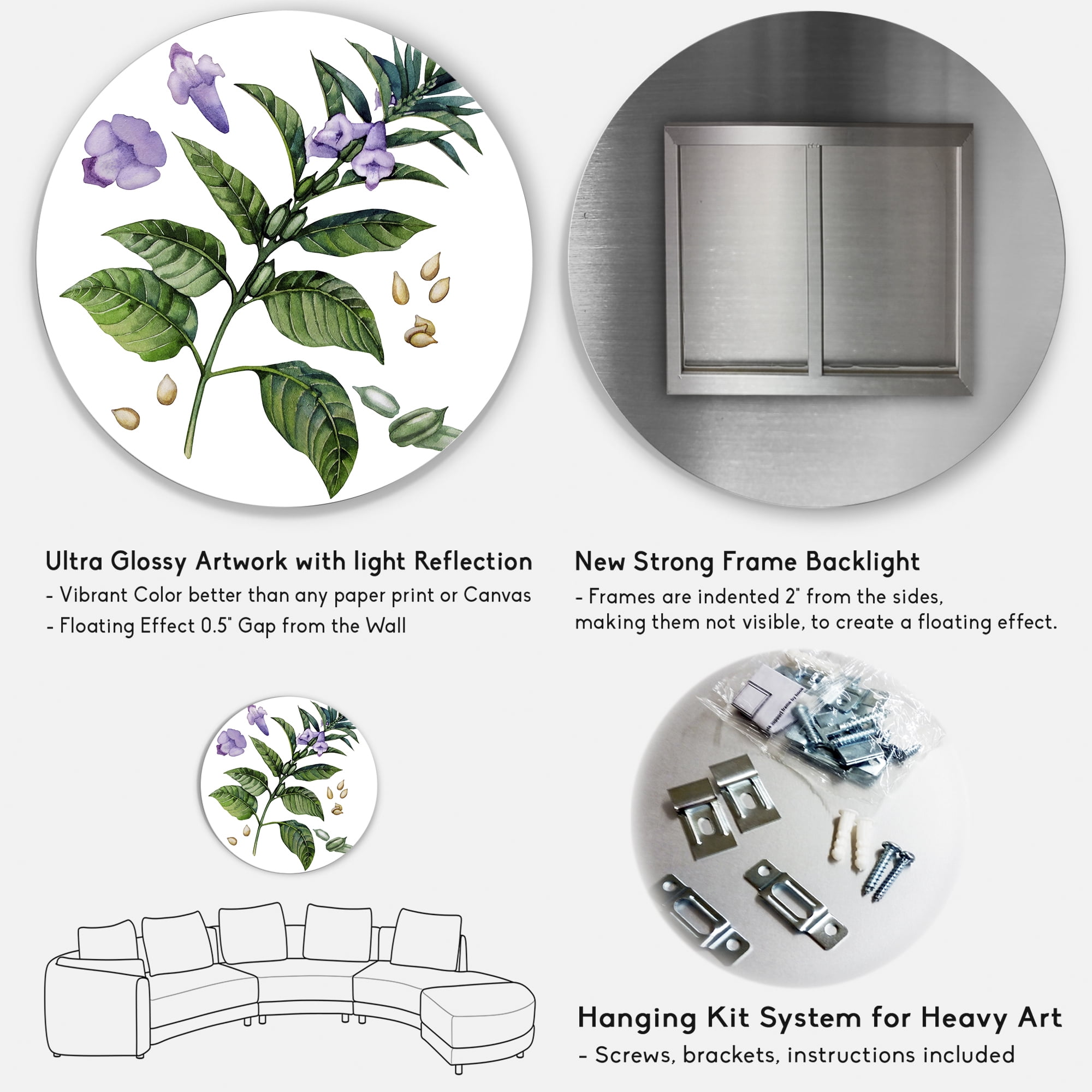 Designart 'Purple Sesame Flowers WIth Green Leaves On White' Traditional Circle Metal Wall Art 29x29 - Disc of 29