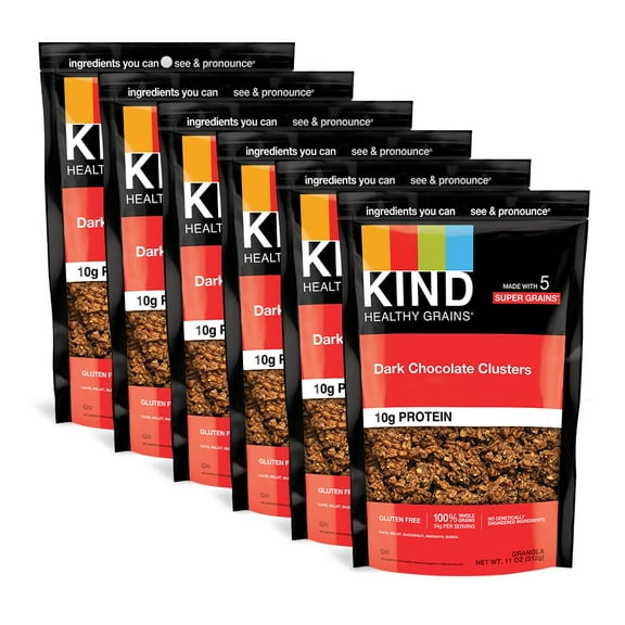 KIND Healthy GrainsTRDN Granola, Dark Chocolate Clusters, Healthy Snacks, Gluten Free, 100% Whole Grains, 10g Protein, 11oz, 6 Count