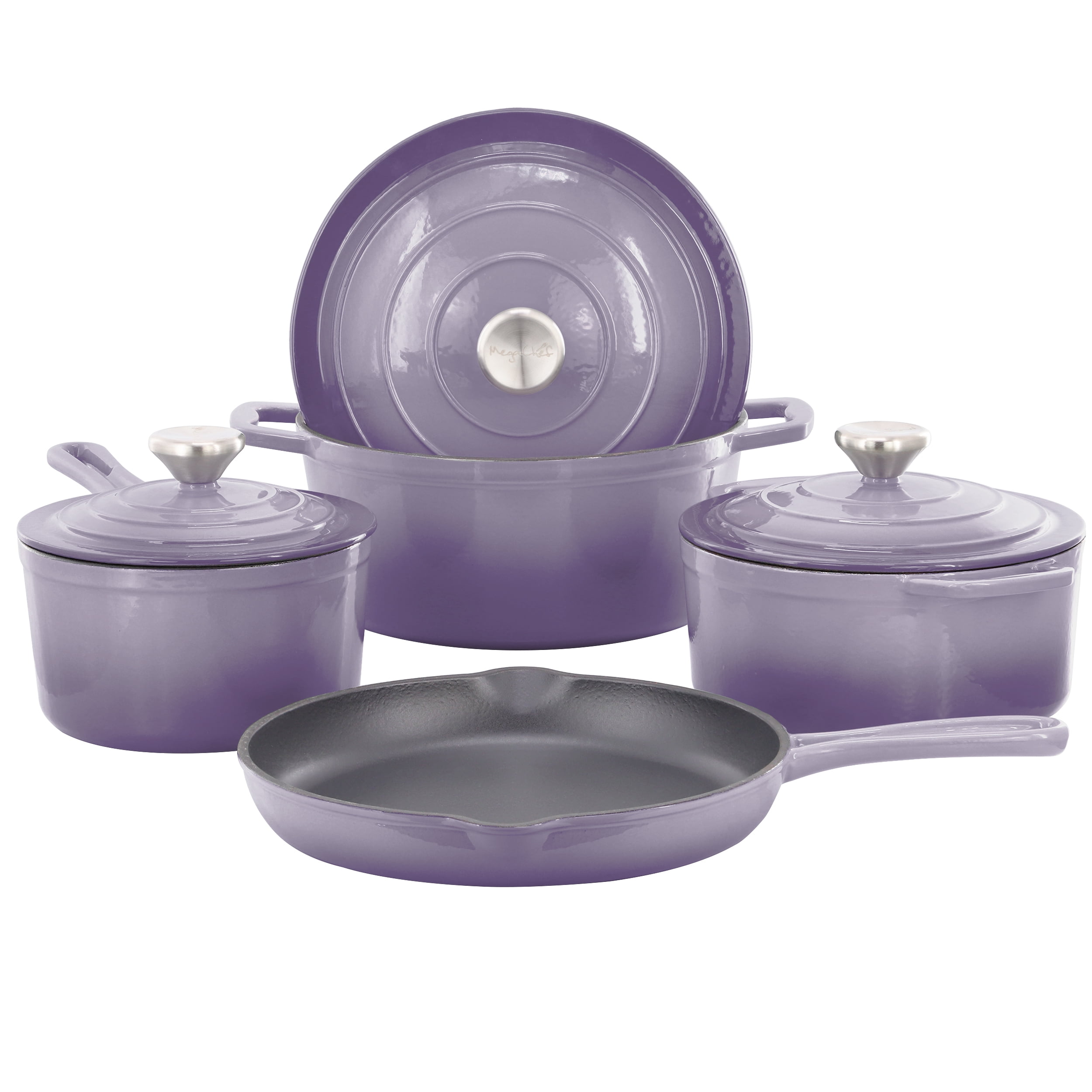 MegaChef 7 Piece Enameled Cast Iron Cookware Set in Purple
