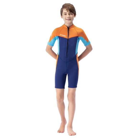 GKV Boys Kids & Youth 2.5mm Neoprene Wetsuit, Thermal Front Zip Short Sleeve Shorty Wetsuit for Snorkeling, Surfing & Swimming
