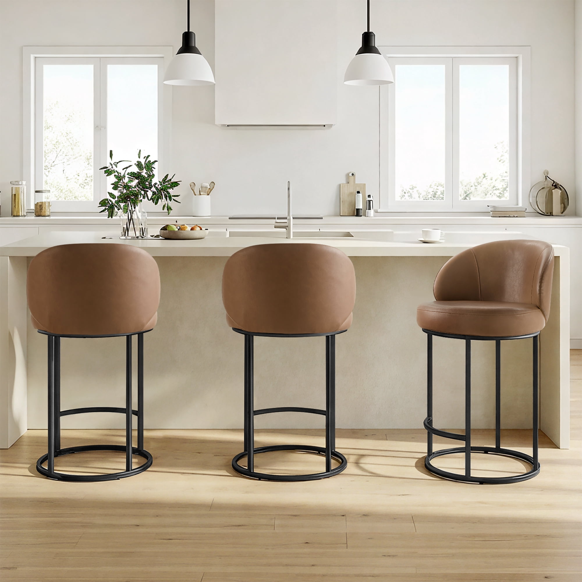 Spruce & Spring Counter Height Swivel Bar Stool with Arched Back and Metal Base Set of 2, Saddle Brown, Black Frame