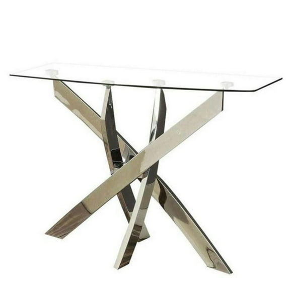 Benjara Rectangular Glass Top Sofa Table with Criss Cross Base, Silver and Clear
