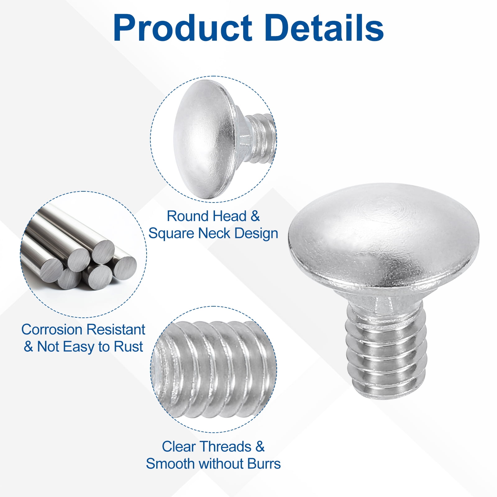 Uxcell 100Pack 1/4"-20x1/2" Stainless Steel Carriage Bolts Round Head Square Neck, Silver
