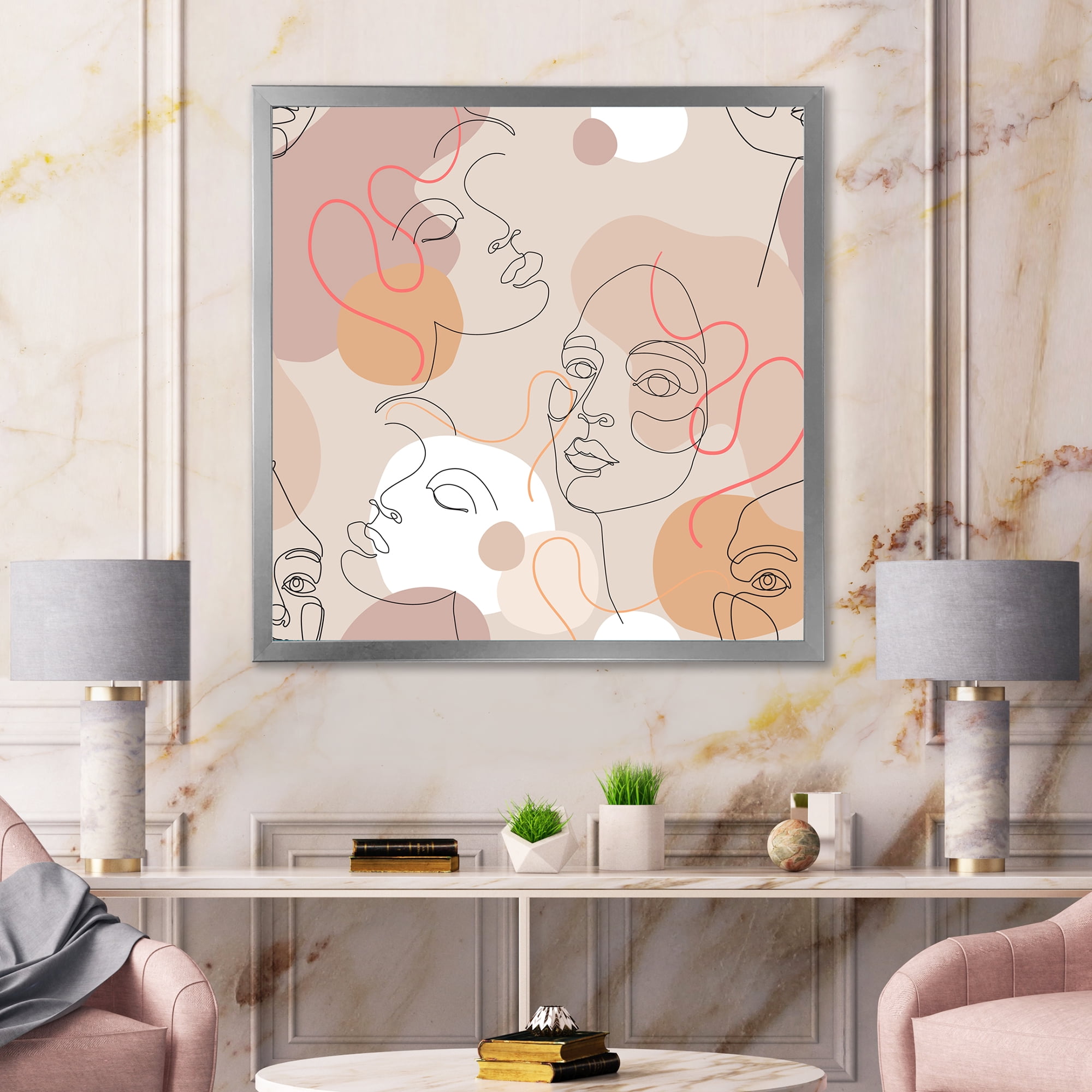 Designart 'Abstract Woman Portraits With One Line ' Modern Framed Art Print