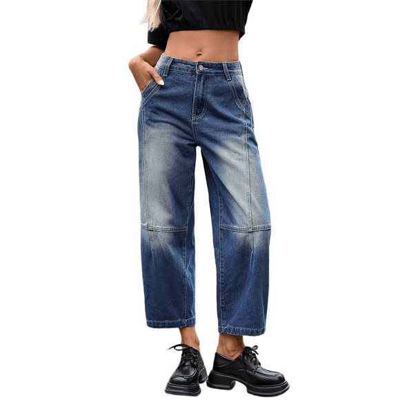 Women's Jeans Wide Leg Vintage Mid Rise Y2k Baggy Boyfriend Ankle Denim Pants Blue L