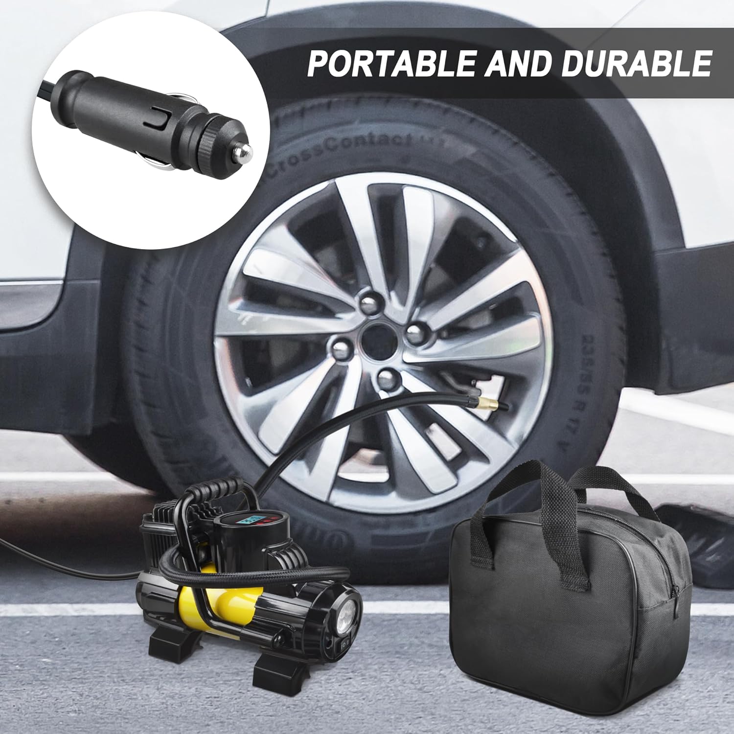 Tire Inflator Portable Air Compressor, DC 12V Tire Air Pump with LCD and 150PSI Digital Pressure Gauge, Portable Tire Inflator for Car Tires, Motorcycles, Bike, Ball Yellow
