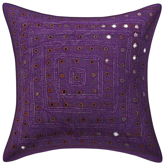 Stylo Culture Indian Sofa Throw Pillow Cover Boho Embroidered 16 x 16 Mirrored Purple Bohemian 40 x 40 cm Bed Room Cotton Geometric Square Cushion Cover | 1 Pc