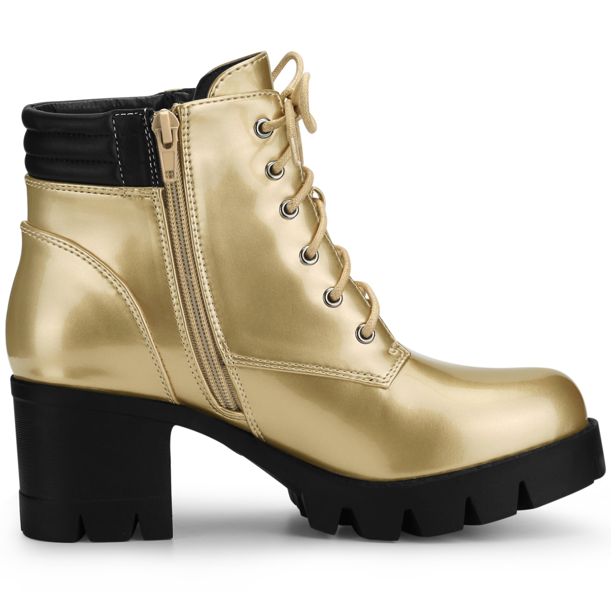 DARING DIVA Women's Chunky Heel Lace Up Zipper Combat Boots Gold US 7
