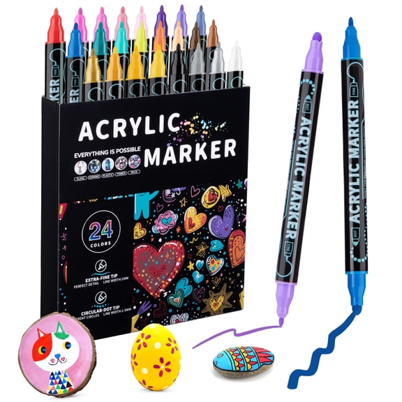 cisilov Acrylic Paint Markers Dual Tip, 24 Colors Dot and Fine Tip Coloring Pens for Rock Wood Fabric Canvas Glass Paper Ceramic Craft Supplies