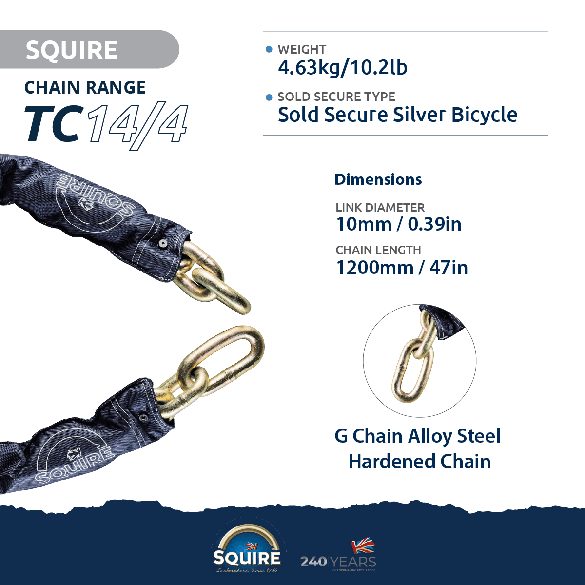 Squire SS80CS Padlock & Chain Set - 80mm Boron Steel Lock with 16mm Sleeved Chain