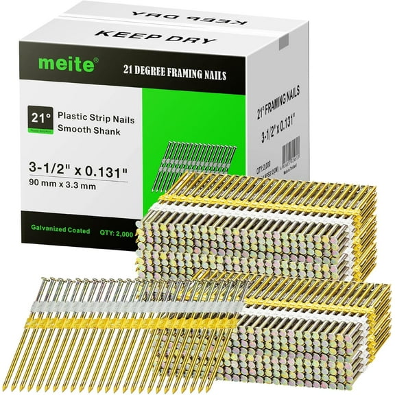 MEITE 21 Degree Framing Nails, 3-1/2 Inch, Smooth Shank, Galvanized, 2000 Pieces