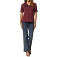 thumbnail image 2 of INSPIRE CHIC Women's Sweet Peter Pan Contrast Collar Short Sleeves Button Up Blouse Tops S Wine Red, 2 of 6