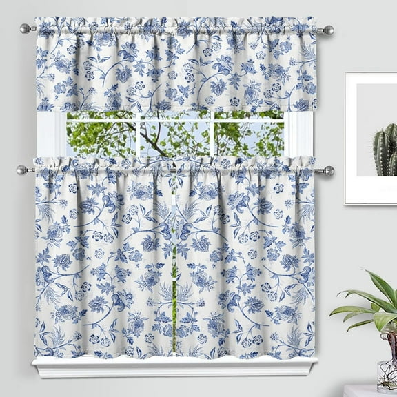 Blue Floral Kitchen Curtain Valance 3 Piece Set, French Farmhouse Kitchen Decor for Home Interior Decor, Blue and White Kitchen Curtains and Valance Set Short Curtain Sink Window Decor 36 Inch