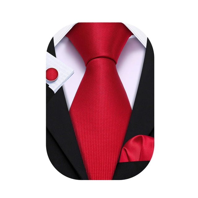 Set de Corbata Barry.Wang de Seda a Cuadros Roja 150cm con Pañuelo y Gemelos