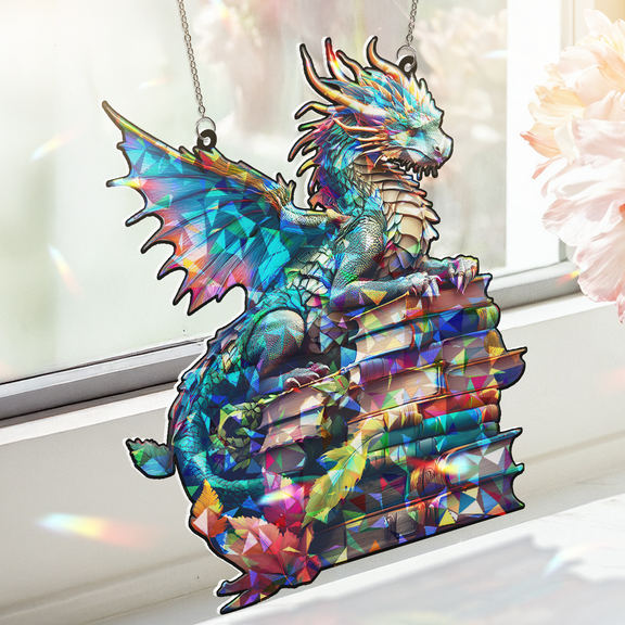 Lotusprinthandmade Dragon with Book Custom Shape Broken Glass Hologram Ornament 3.5in, 3d dragon ornament, dragon keepsake, dragon lovers hologram gift