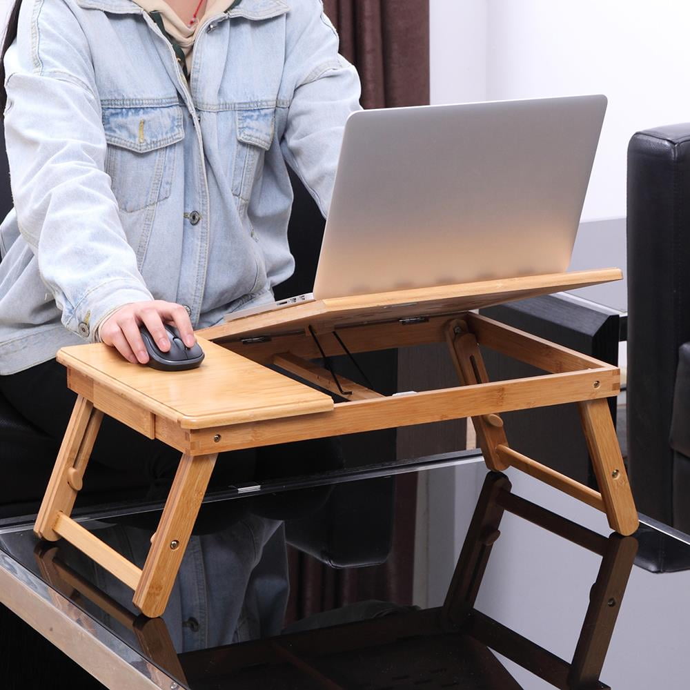 Laptop Stand for Bed Cup Holder & Cooling Fan EduSoho Bamboo Laptop Bed Tray Desk Fits up to 15.6 inch Laptop Adjustable Lap Desk with Storage Drawer 