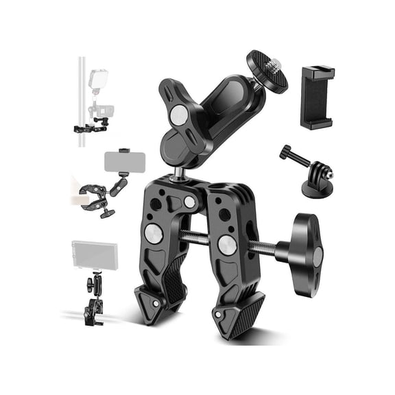 Super Clamp with Magic Arm with Phone Holder & Action Camera Mount, All Metal 360° Double Ball Head with 1/4" & 3/8" Thread, Compatible with Smallrig GoPro Insta360