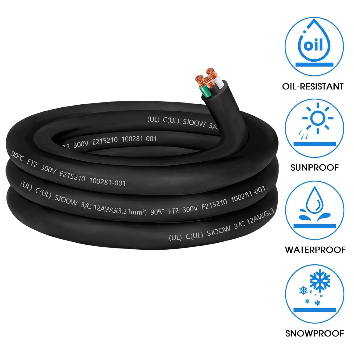 12/3 Wire 12AWG SJOOW Cable,12 Gauge SJOOW Portable Power Cable Cord 3 Conductor 300V 12/3 12 Gauge Electric Wire for NEMA 14-20 AMP EV Car Battery Charger,Motor Lead,LED Light,RV Outlet Box-15FT
