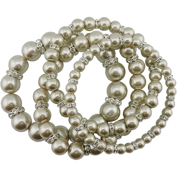 BOCAR 4pcs /Set Imitation Pearl Bracelets Crystal Women Multi Layer(BR1113-light khaki)