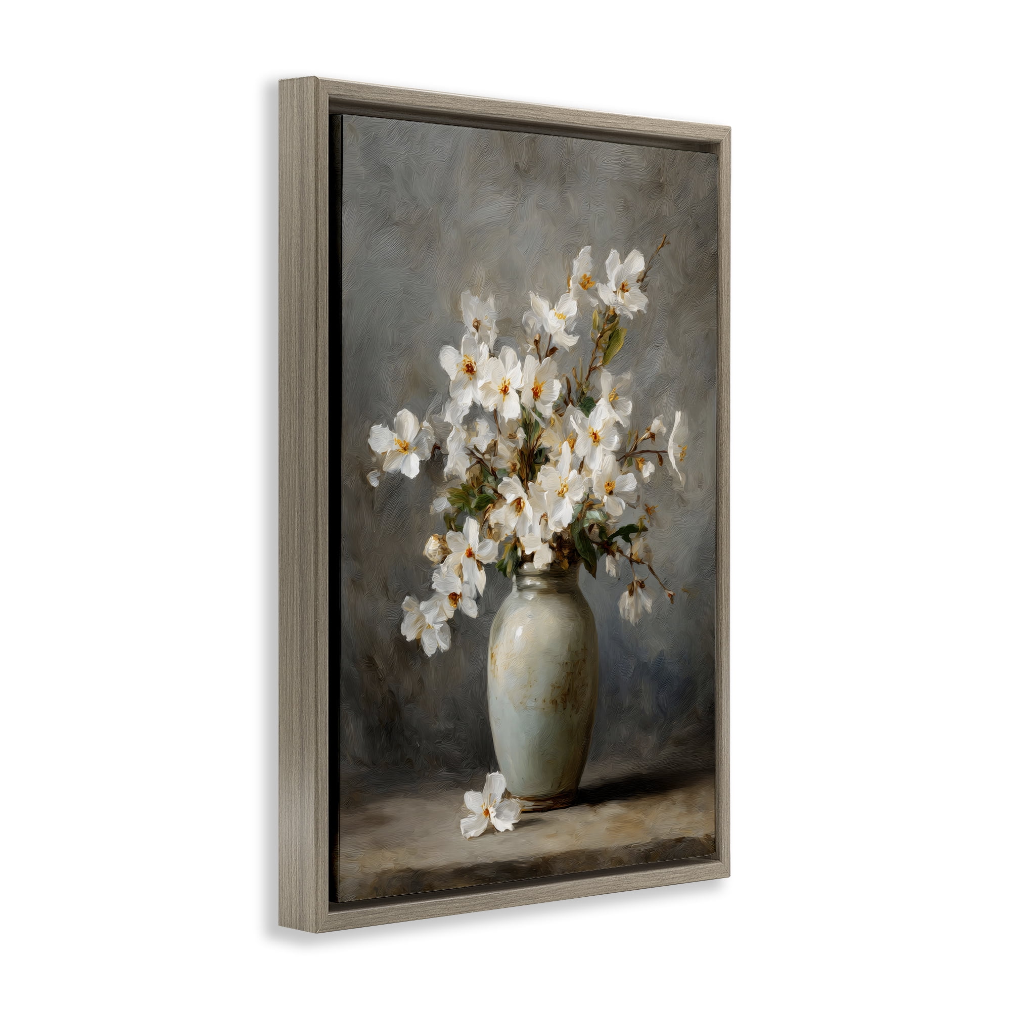 Stupell Industries Full White Flowers in Vase Brown Framed Floater Canvas Wall Art, design by Petal Prints Design