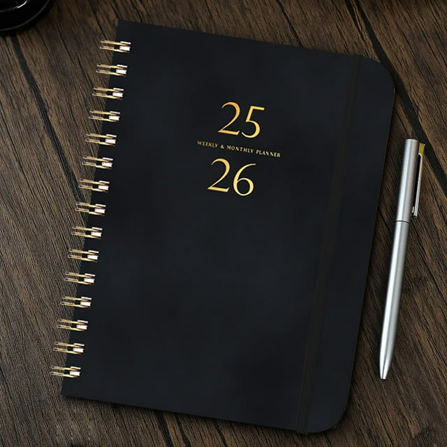 2025 Planner,A5 Size,Spiral Bound,Genuine Leather Cover,Disciplined Note-Taking,Customized Card Printing,Organizer Journal,Perfect for Students & Professionals,PENDANE,Black