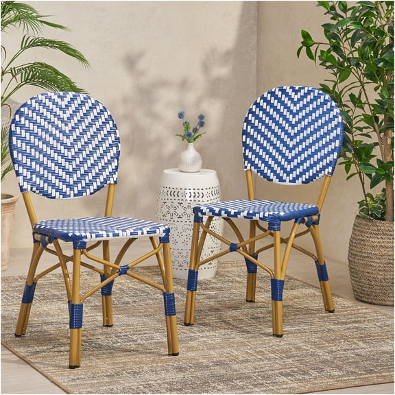 JERFIT 2-Pack Outdoor Bistro Chairs, French Style PE Wicker & Aluminum Armless Patio Dining Chairs, Navy Blue & White, Rust-Proof for Garden, Cafe, Balcony