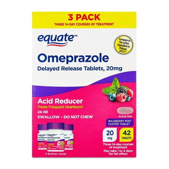 Equate Omeprazole Delayed Release Coated Tablets, 20 mg, Wildberry Mint, 14 Count, 3 Pack