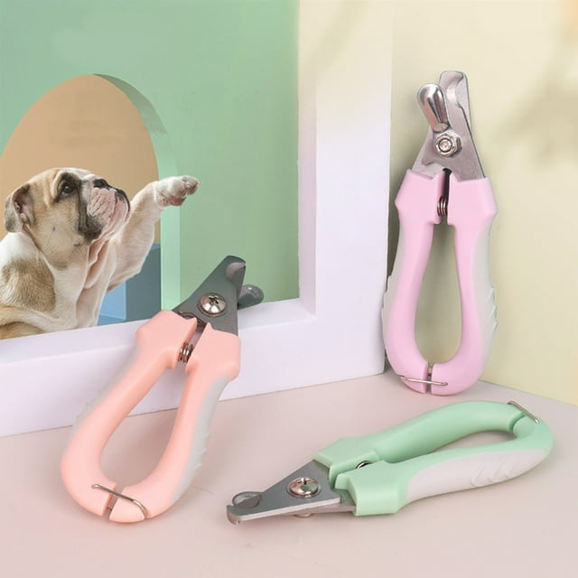 Cortaúñas para mascotas perros y gatos | Hoja curva de acero inoxidable segura | Mango ergonómico antideslizante | Seguro con bloqueo | Fácil de limpiar | Colores morado, rosa, verde | 1 unidad