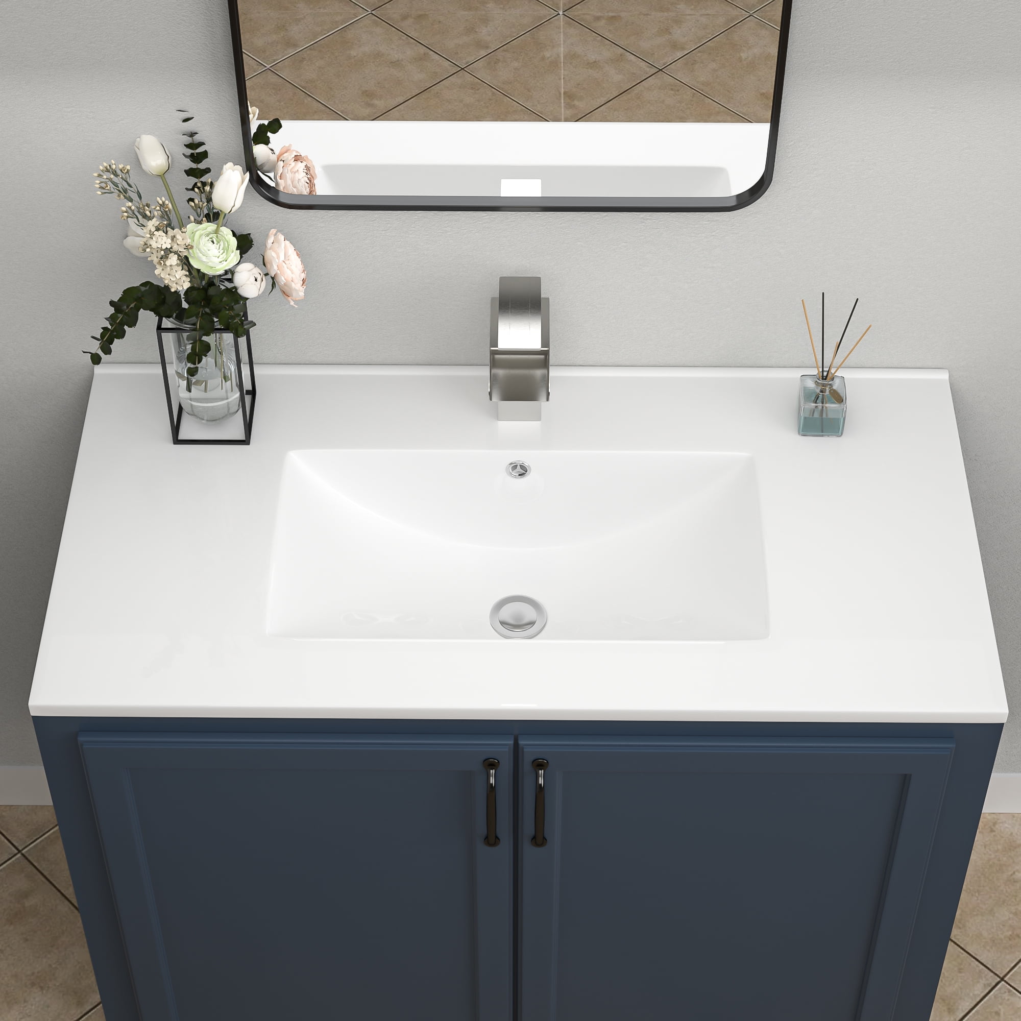 Logmey 36"x18" Porcelain White Bathroom Ceramic Sink Rectangular Top Mount Sink with Overflow Hole, Pre-Drilled Faucet Hole