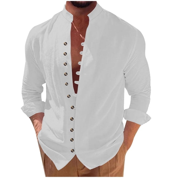 Men Long Sleeve Shirt Button Down Loose Fit Vintage Banded Collar High Elastic Casual Sports Beach Top