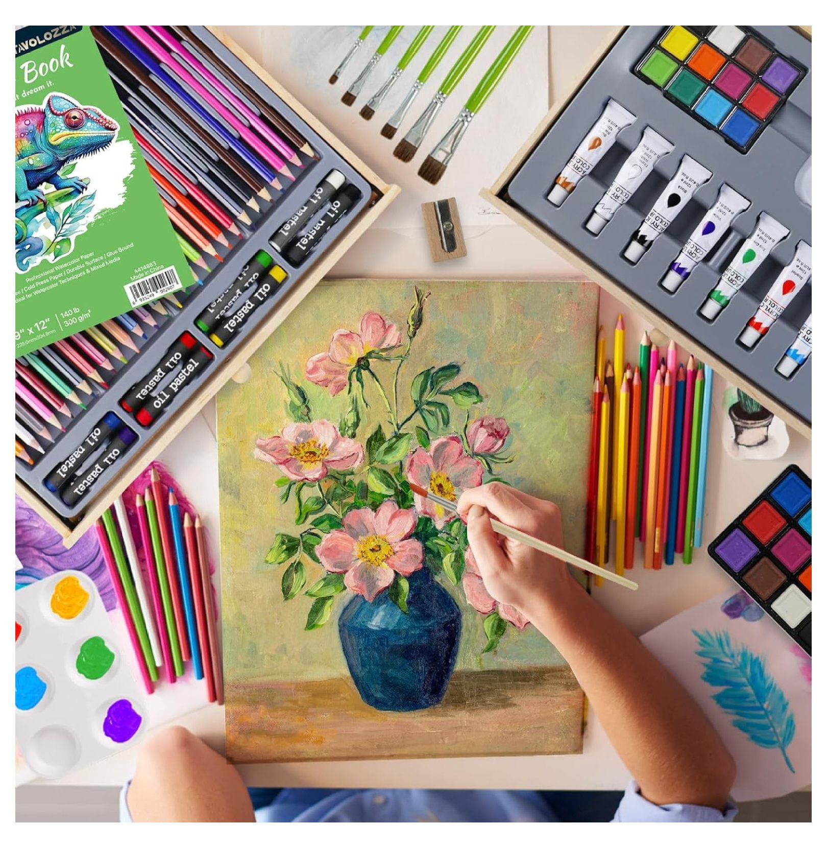96 Piece Premium Wooden Art Set with 2 Drawing Pads - Painting & Drawing Supplies Kit with Watercolor, Acrylic Paints, Brushes & More Art Supplies for Artists Adults Teens Girls