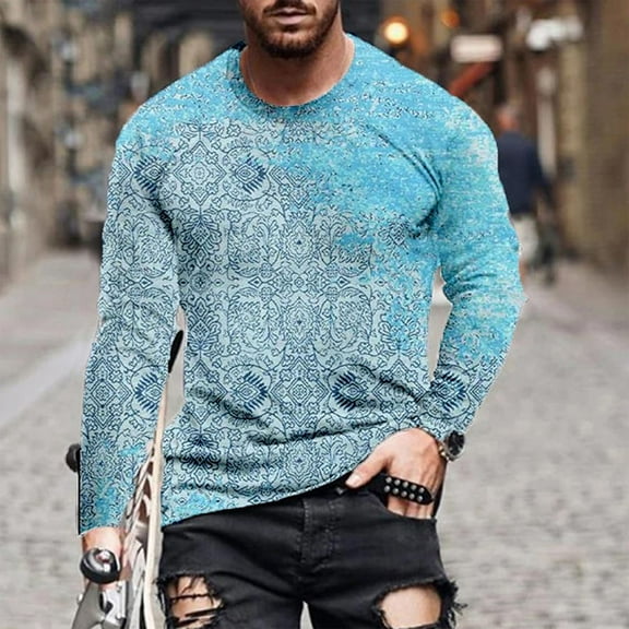 AURIGATE Men Long Sleeve O-Neck Printed Fashion Pullover Casual Shirt Tops Blouse