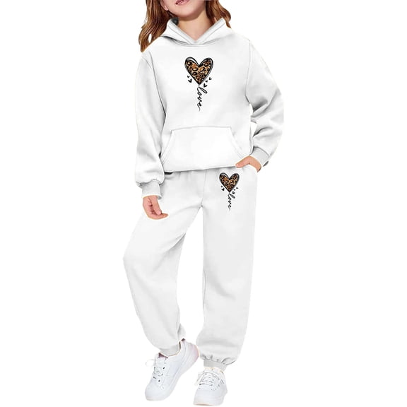 oqasdz Valentine's Day Girls Sweatsuit Hooded Leopard Heart Print Sweatshirts and Joggers Pants Outfit With Front Pockets For Casual Sports Wear Tracksuit