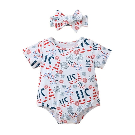 

aturustex Baby Girls 4th of July Jumpsuit Set Fireworks Print Short Sleeve Romper with Headband Summer Outfits Independence Day 0-18 Months