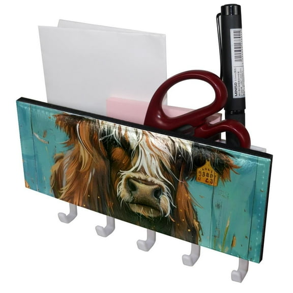 PhooArto Key Holder for Wall Decorative with 5 Key Hooks, Cow Teal Daisy on Rustic Wooden Holders Wall Mount Organizer with Mail Key Rack, Self Adhesive