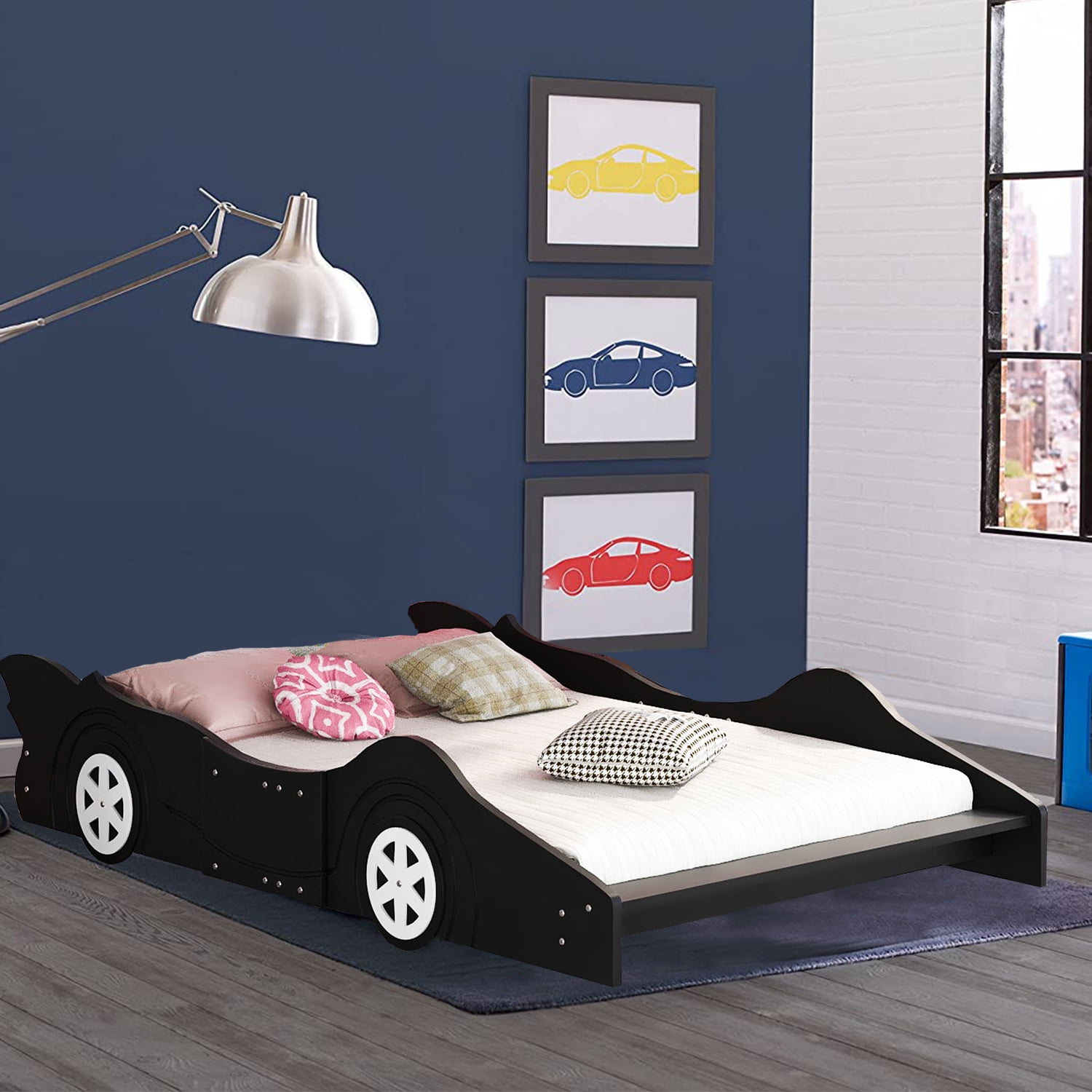 Toddler Bed Platform Bed Twin Size Race CarShaped with Wheel Black