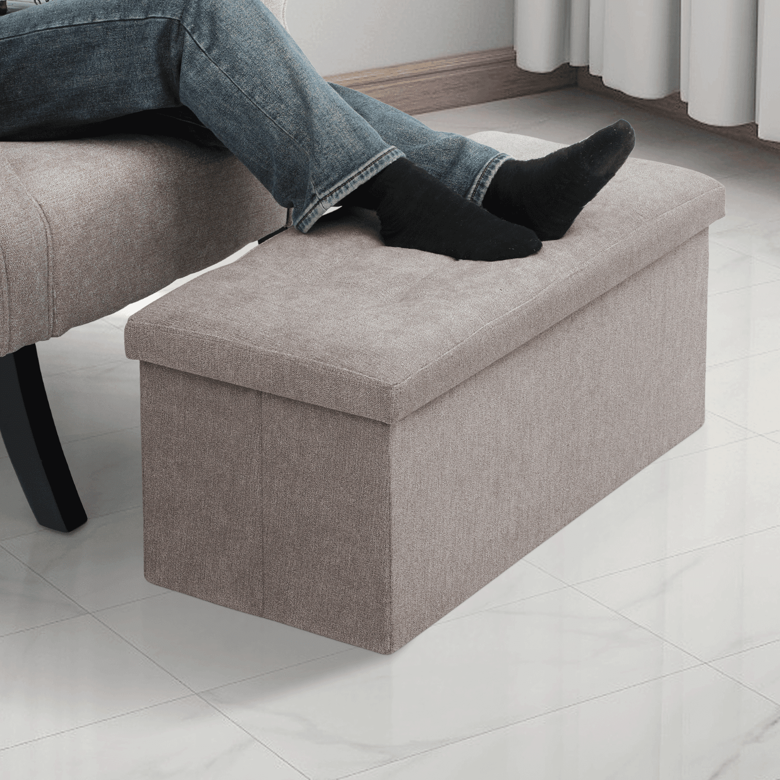 MoNiBloom 30" Folding Storage Ottoman Bench, Cotton-linen Collapsible Footrest Ottoman with Storage, for Living Room Bedroom Entryway, Sandy Beige