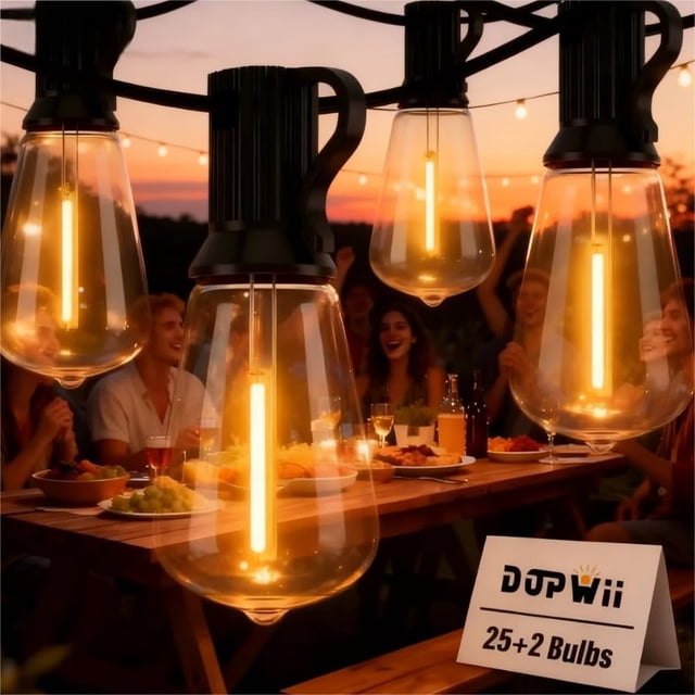 Dopwii Guirnalda de Luces LED Exterior, ST38 25M 25+2 Focos LED Inastillables Alto Brillo, Impermeable IP65, Serie Luz Vintage Decorativas para Iluminación de Jardin Patio Boda Hogar Navida