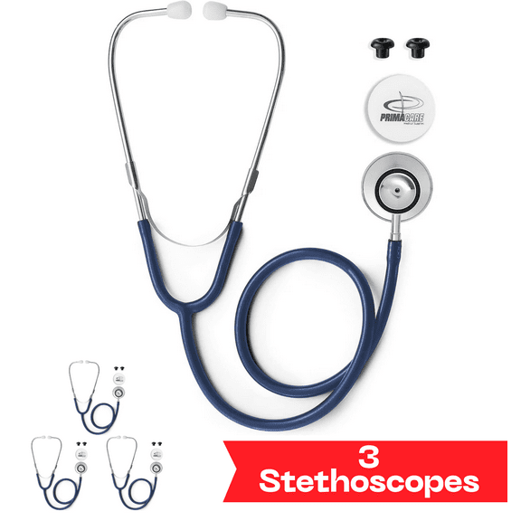 Primacare DS-9290-BL-3 Classic Series Adult Dual-Head Stethoscope, 22" PVC Tubing Length, Blue, Pack of 3 Stethoscopes
