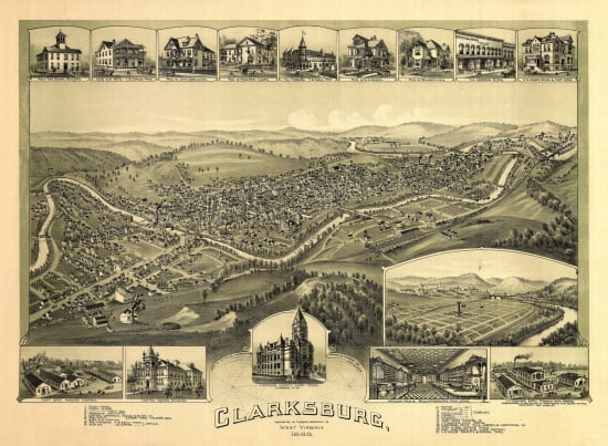 Antique Map of Clarksburg West Virginia 1898 Harrison County Canvas Art - (24 x 36)
