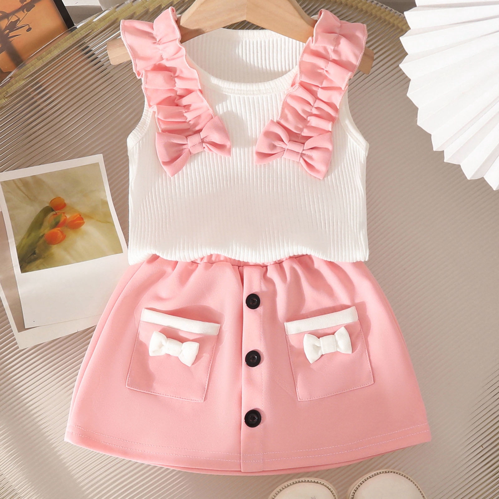 Faraee Toddler Summer Clothes for Girls Baby Ribbed Sleeveless Tops Bow Skort Set with Pockets Infant Cute Casual Outfit (12-18M,Pink)
