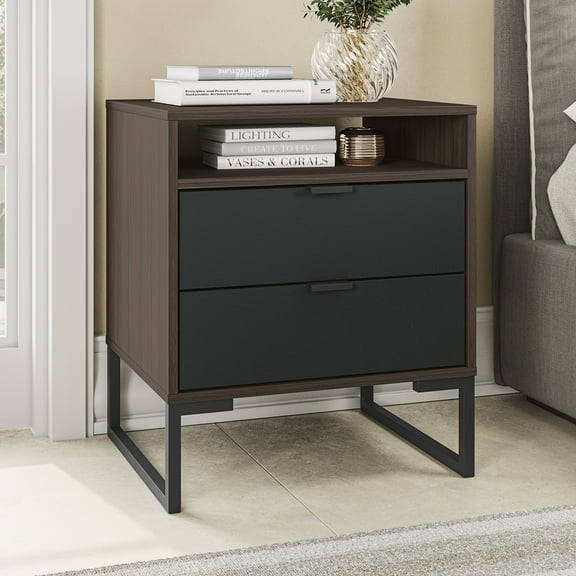 Kappesberg Collins 2-Drawer Nightstand with Open Shelf, Metro Brown & Black, Mid-Century Modern - for Adults and Teens