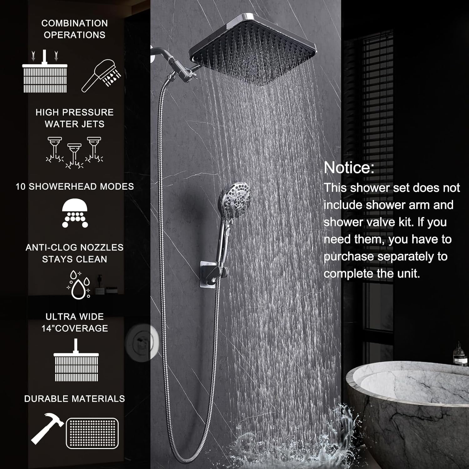 Rainfall Shower Head with Handheld, 14 Inch Rain Shower Head Combo,High Pressure Fixed Showerhead and 10 Spray Settings Handheld Shower Heads,Bathroom Accessories,Chrome