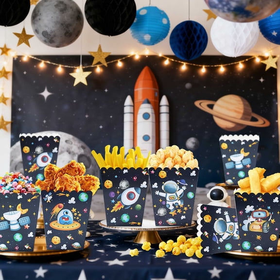 Space Theme Popcorn Buckets 10 Pack - 5 Unique Designs for Party Snack Containers