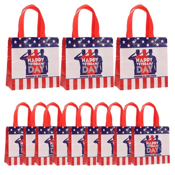 chaungfeng 12 Pack American Flag Gift Bags, 4th of July Patriotic Stars and Stripes Reusable Totes Non Woven Candy Totes for Independence Day Birthday Party Supplies(7.9" x 7.9" x 3.5")