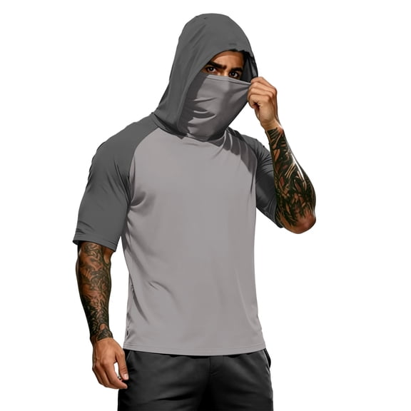 Garbnen Ice Silk Sun Hoodie Mens Raglan UPF 50 Sun Protection Men Rash Guard Short Sleeve with Face Mask Quick Dry Cooling Summer Workout Men Fishing Shirt