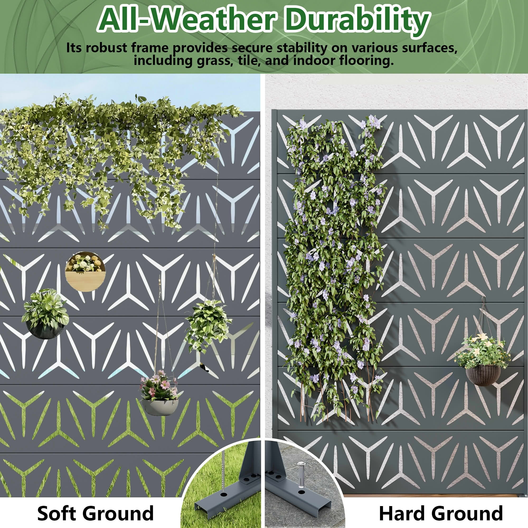 MAYEERTY Outdoor Metal Privacy Screen 6ft × 4ft Cambrian Rock Gray, 6-Panel Geometric Y-Pattern Decorative Screen for Patio