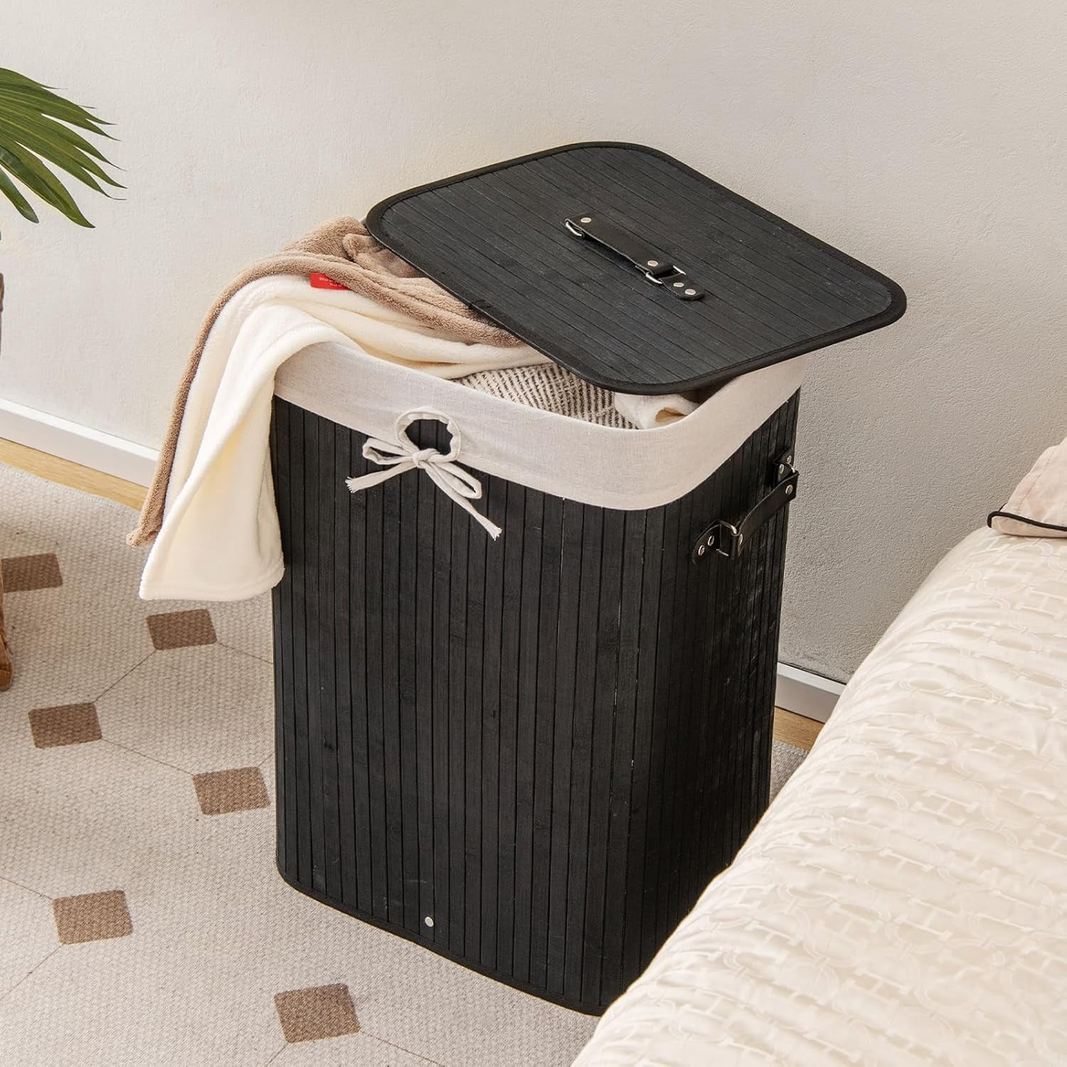 Bamboo Laundry Hamper with Lid, 72L Large & Tall Clothes Hamper with Removable Liner & Handles, Rectangular Laundry Basket for Small Spaces, Laundry Room, Bedroom (Black)