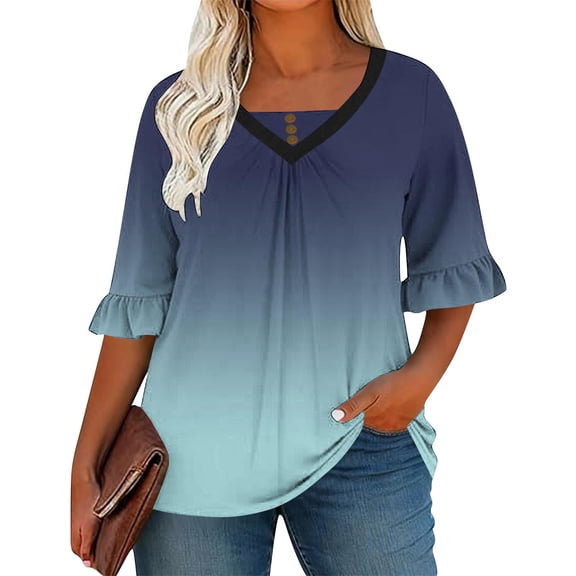 YUGYXL Womens Plus Size Gradient Color T-Shirts Fahsion V Neck Ruffle Trim Short Sleeve Shirts Summer Trendy Tees Light Blue XXXXL
